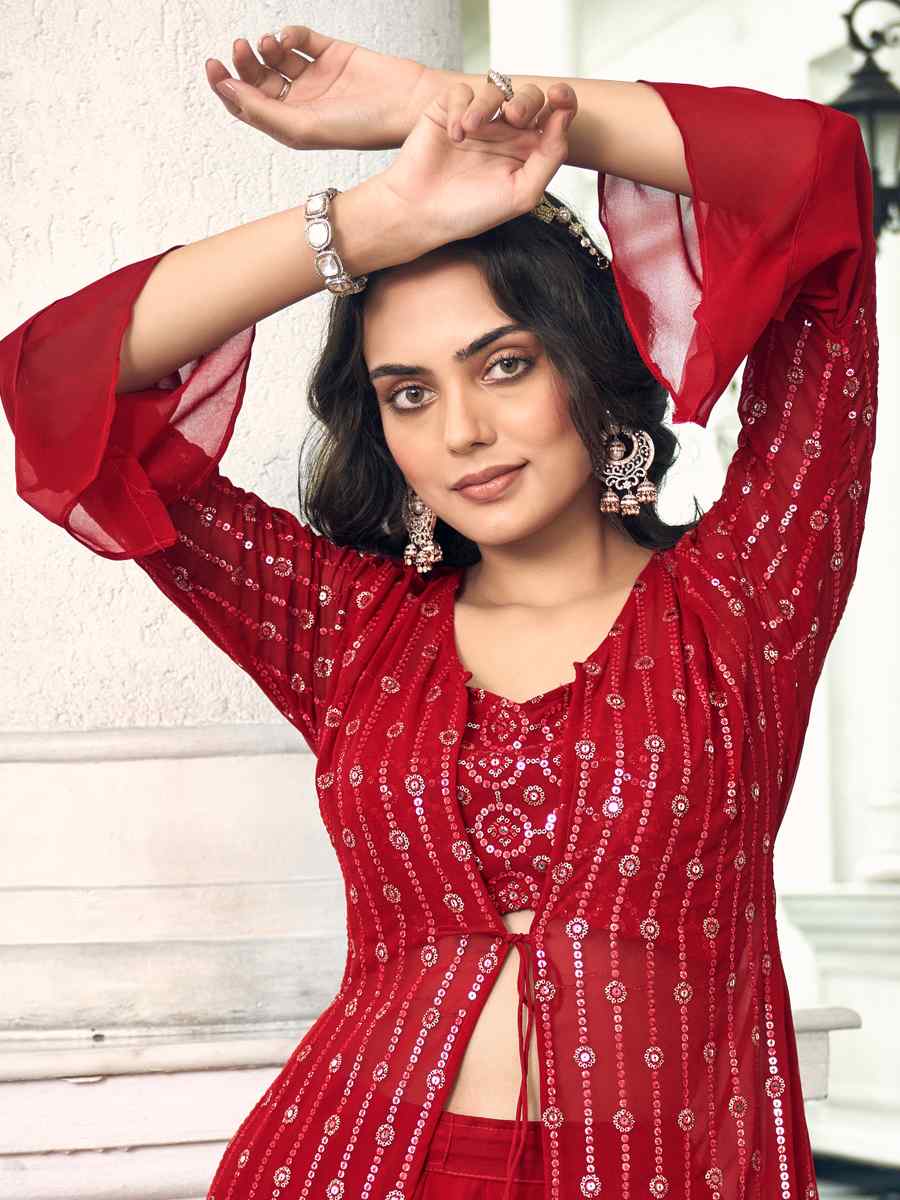 Red Pure Faux Georgette Embroidered Festival Wedding Palazzo Pant Salwar Kameez