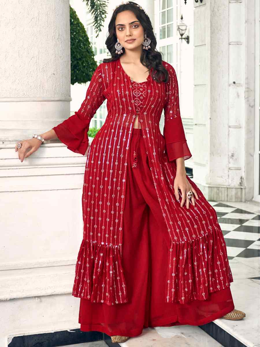 Red Pure Faux Georgette Embroidered Festival Wedding Palazzo Pant Salwar Kameez