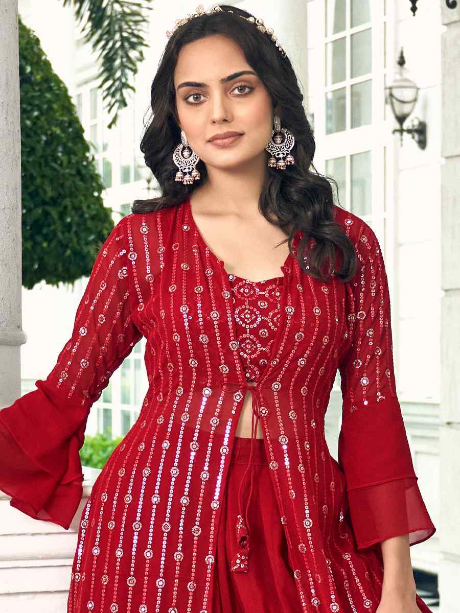 Red Pure Faux Georgette Embroidered Festival Wedding Palazzo Pant Salwar Kameez