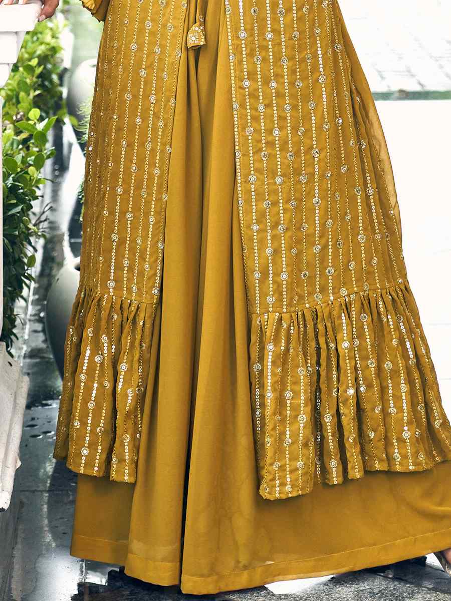 Mustard Pure Faux Georgette Embroidered Festival Wedding Palazzo Pant Salwar Kameez