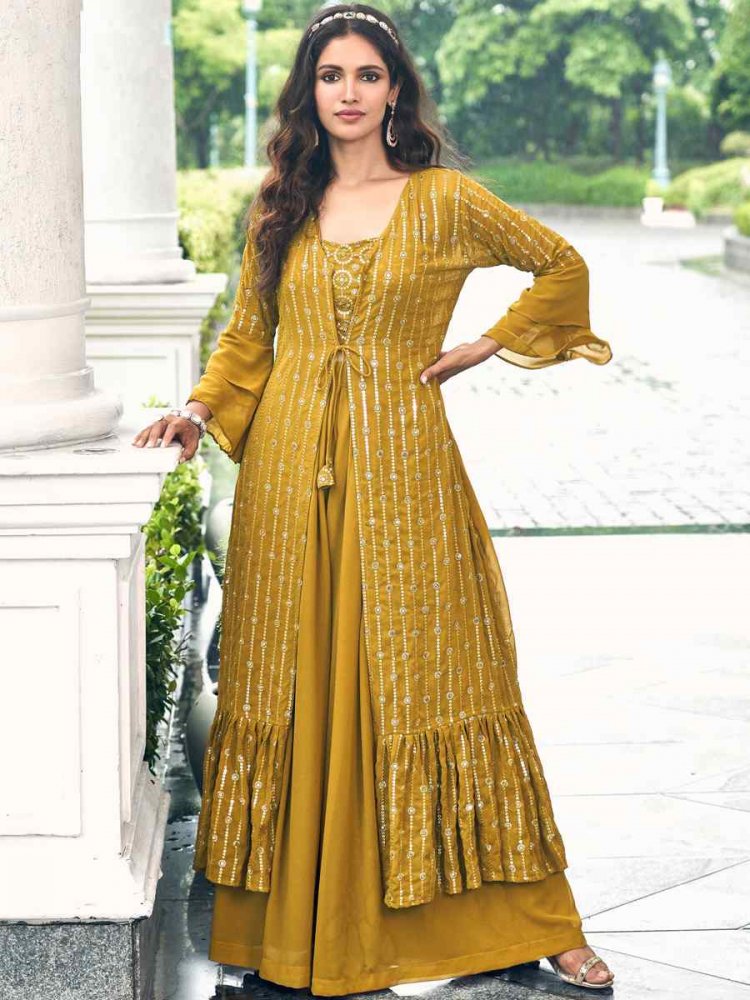 Mustard Pure Faux Georgette Embroidered Festival Wedding Palazzo Pant Salwar Kameez