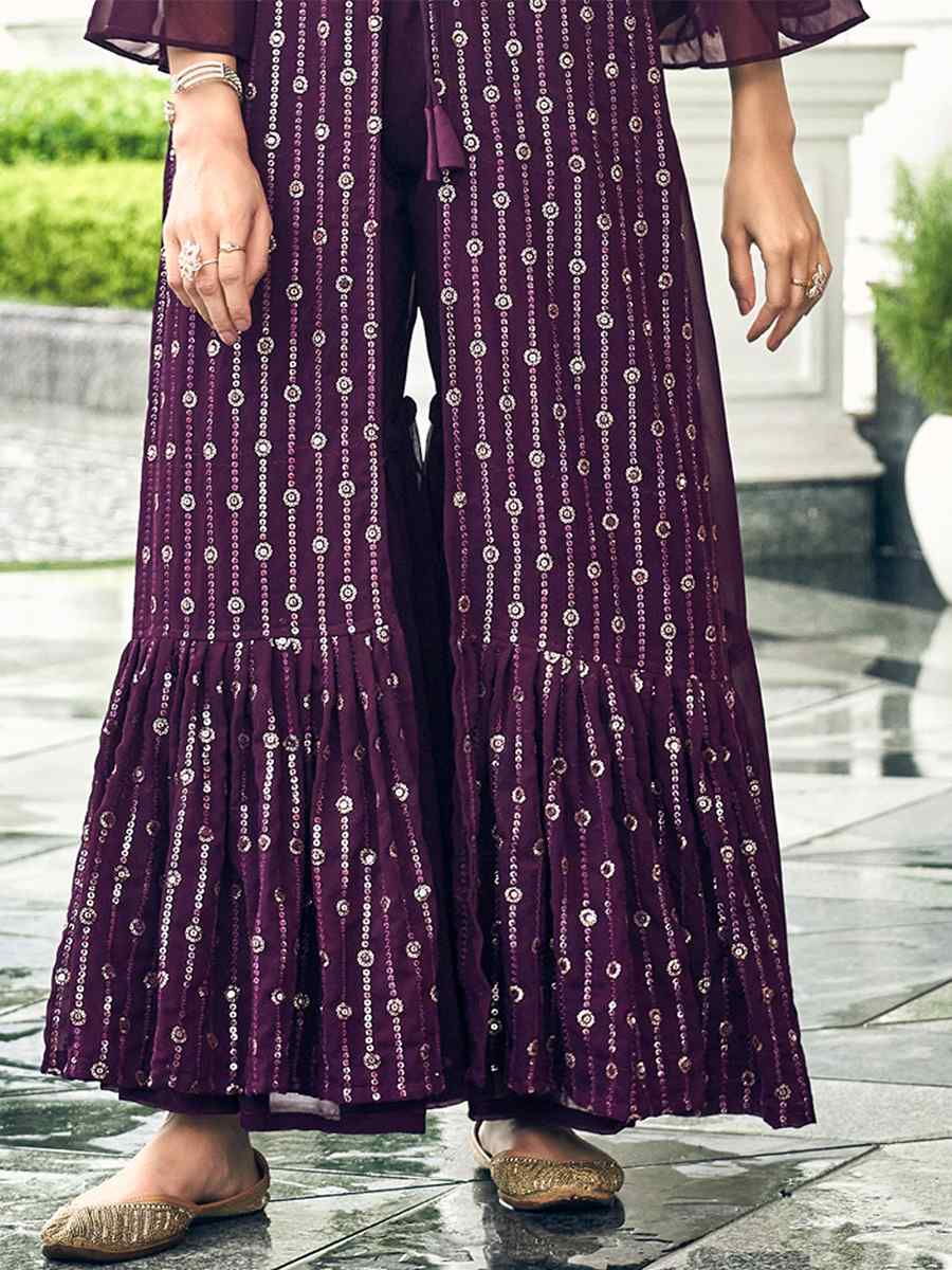 Purple Pure Faux Georgette Embroidered Festival Wedding Palazzo Pant Salwar Kameez