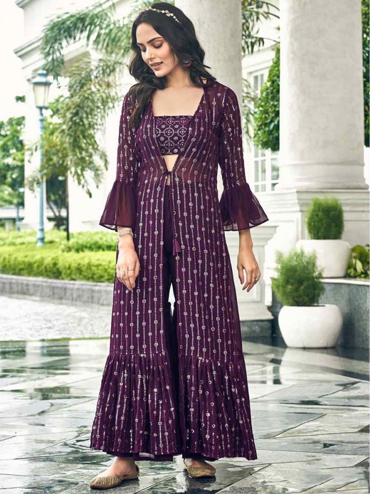 Purple Pure Faux Georgette Embroidered Festival Wedding Palazzo Pant Salwar Kameez