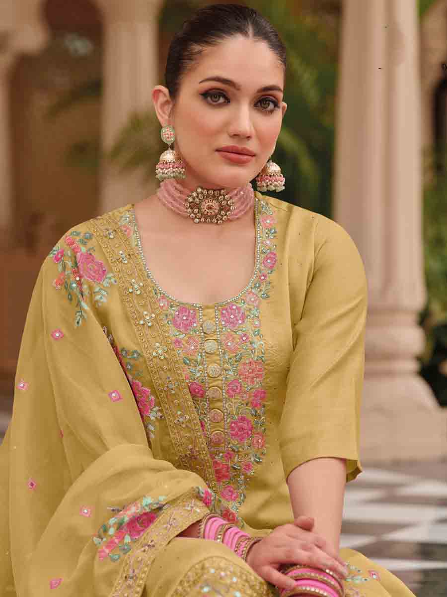 Yellow Viscose Silk Embroidered Casual Festival Pant Salwar Kameez