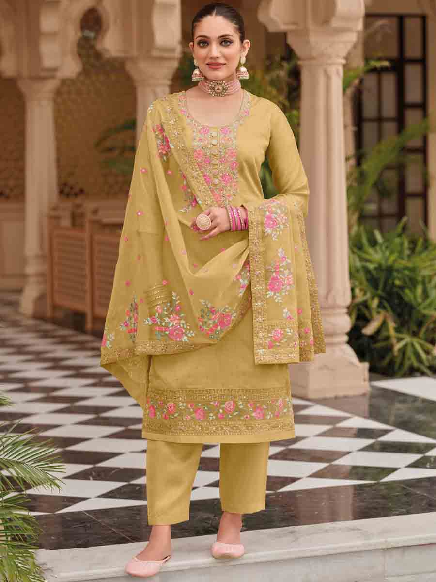 Yellow Viscose Silk Embroidered Casual Festival Pant Salwar Kameez