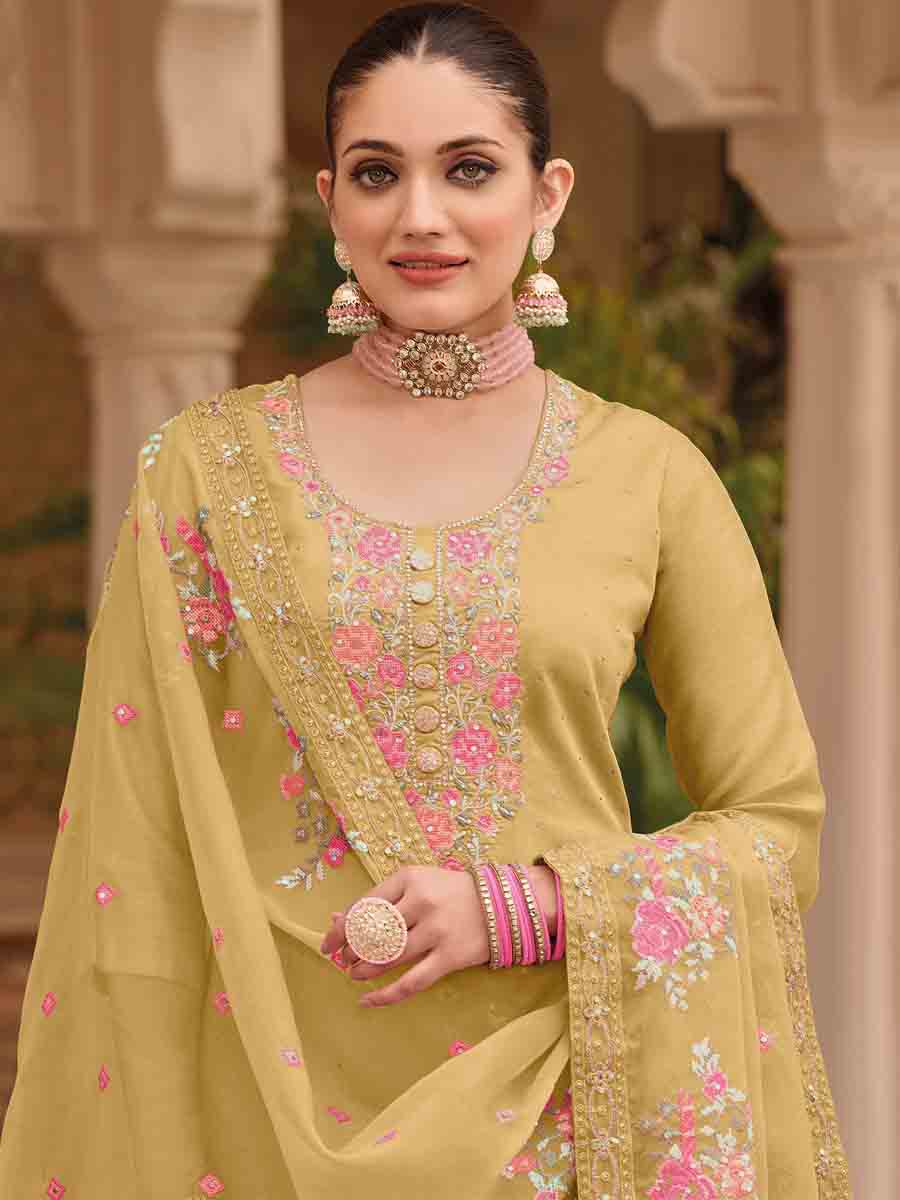 Yellow Viscose Silk Embroidered Casual Festival Pant Salwar Kameez