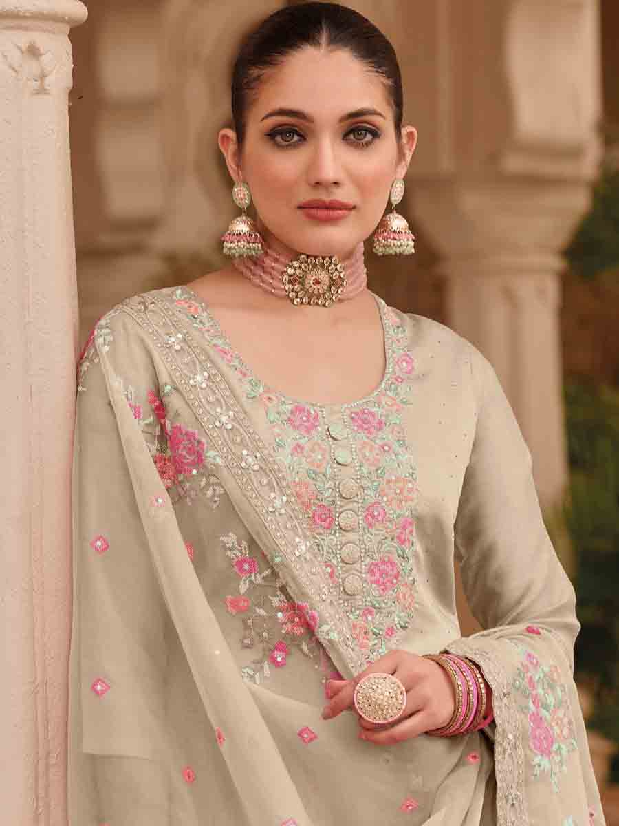Beige Viscose Silk Embroidered Casual Festival Pant Salwar Kameez