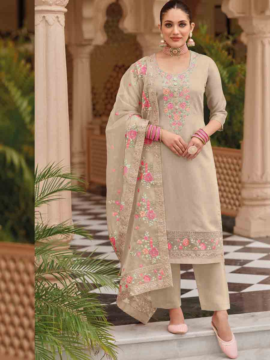 Beige Viscose Silk Embroidered Casual Festival Pant Salwar Kameez