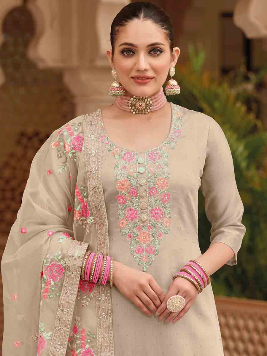 Beige Viscose Silk Embroidered Casual Festival Pant Salwar Kameez