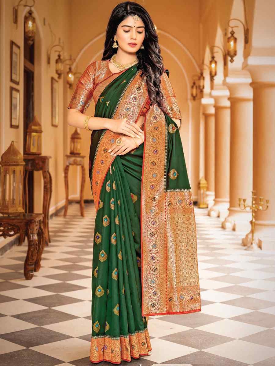 Green Silk Handwoven Wedding Festival Heavy Border Saree