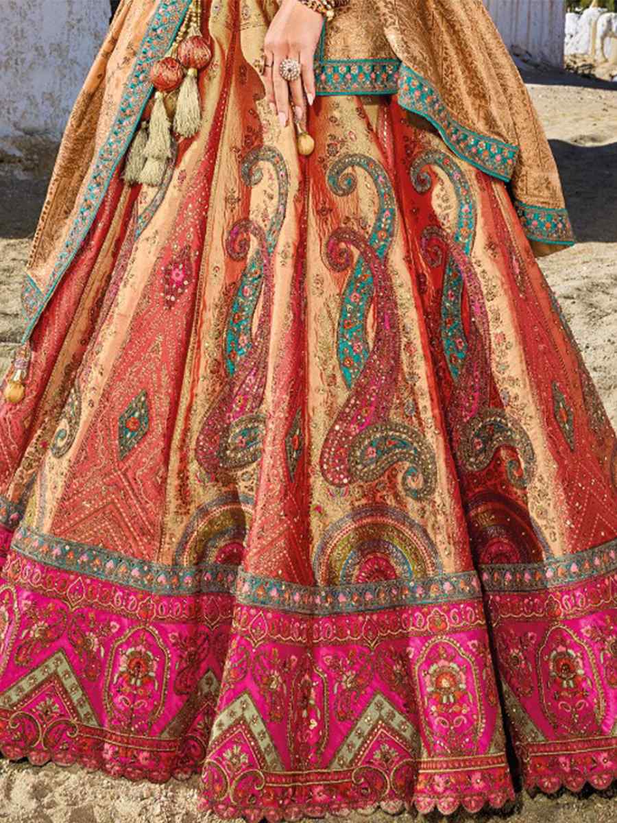Multi Banarasi Silk Embroidered Bridal Wedding Heavy Border Lehenga Choli