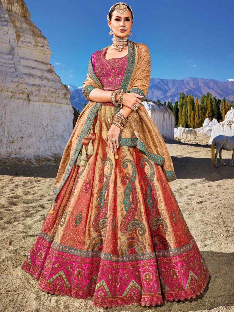 Multi Banarasi Silk Embroidered Bridal Wedding Heavy Border Lehenga Choli