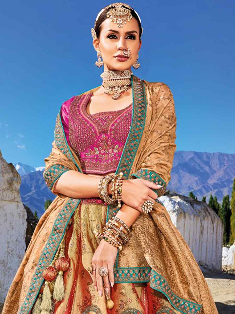 Multi Banarasi Silk Embroidered Bridal Wedding Heavy Border Lehenga Choli