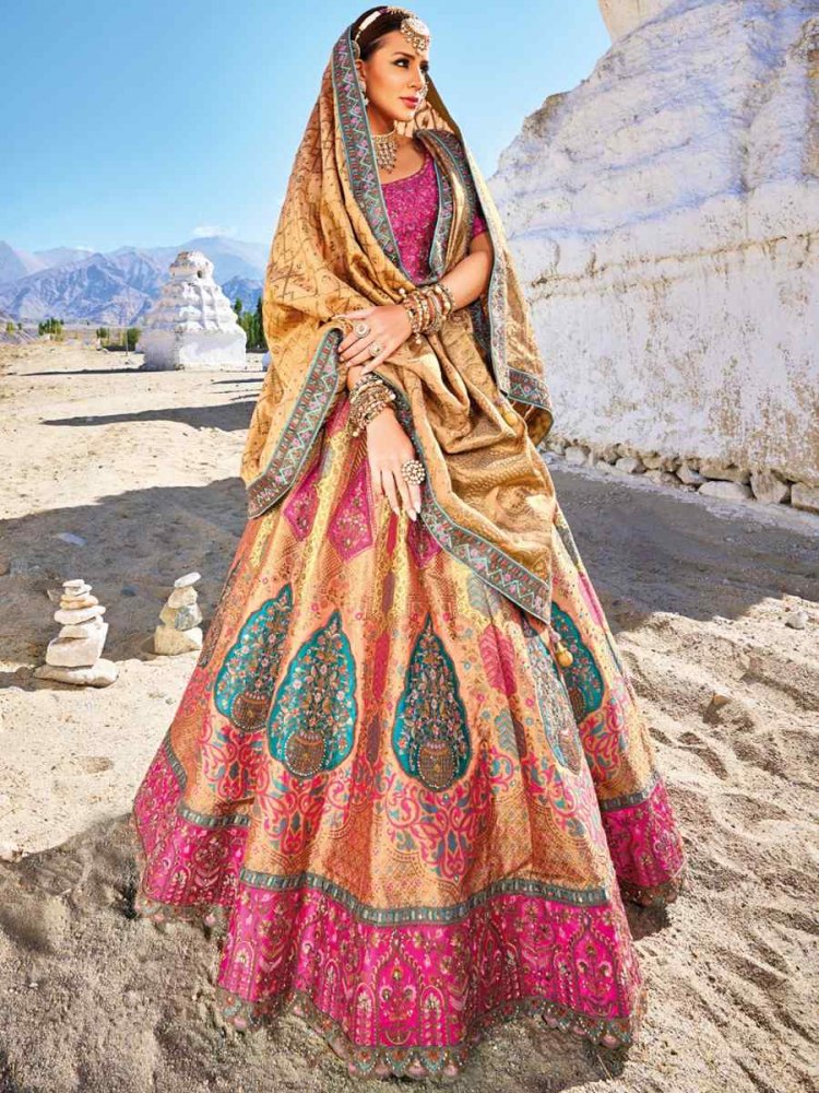 Multi Banarasi Silk Embroidered Bridal Wedding Heavy Border Lehenga Choli