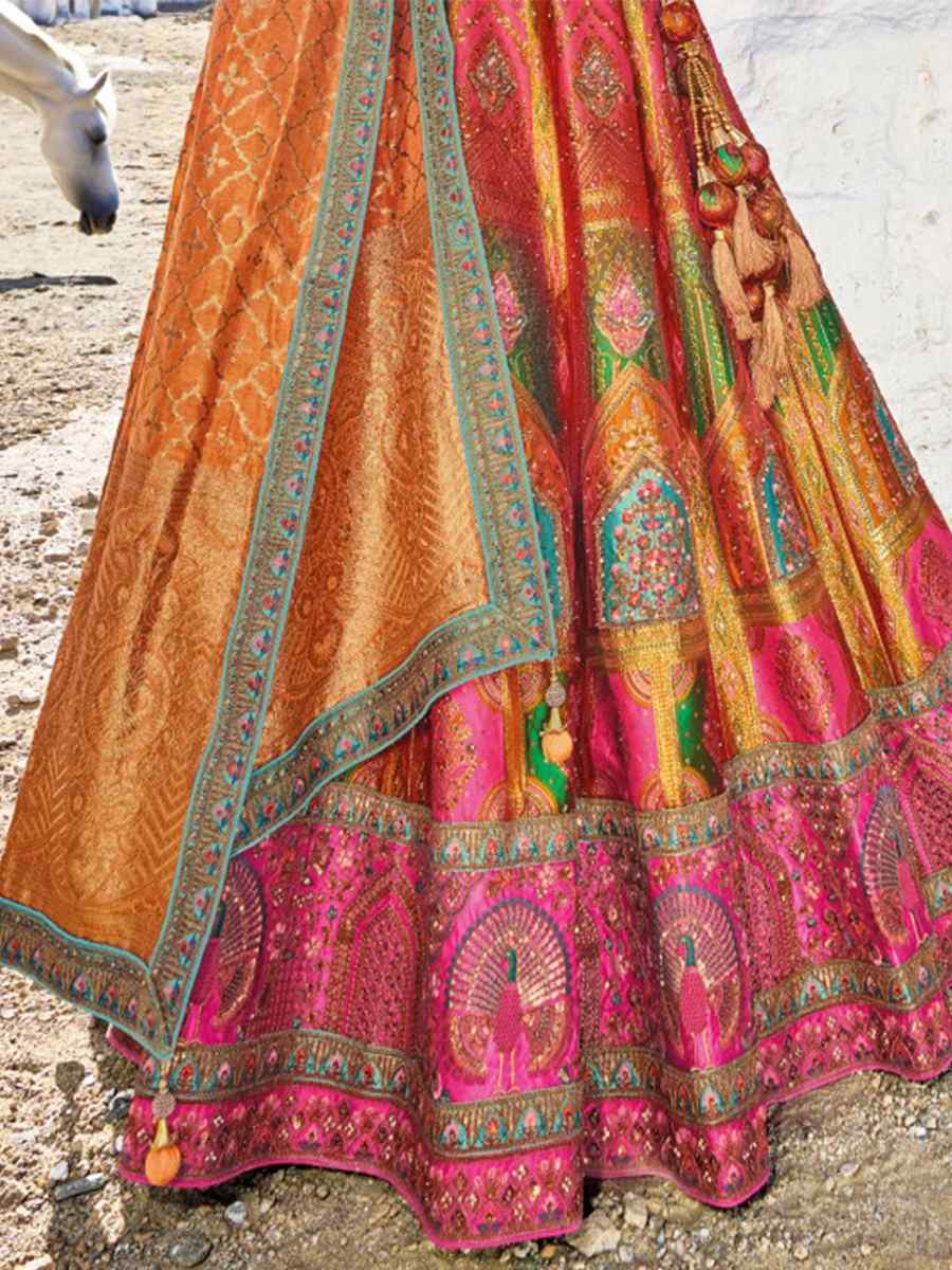 Orange Banarasi Silk Embroidered Bridal Wedding Heavy Border Lehenga Choli