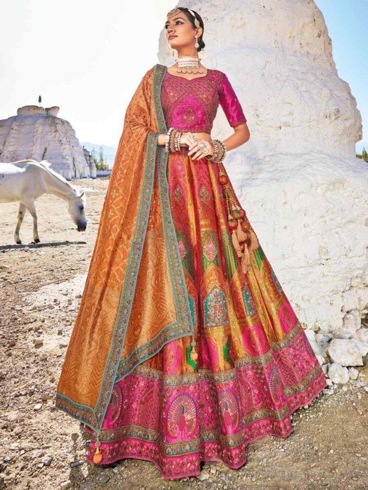 Orange Banarasi Silk Embroidered Bridal Wedding Heavy Border Lehenga Choli