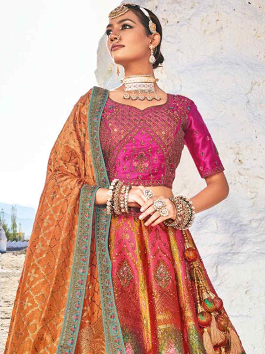 Orange Banarasi Silk Embroidered Bridal Wedding Heavy Border Lehenga Choli