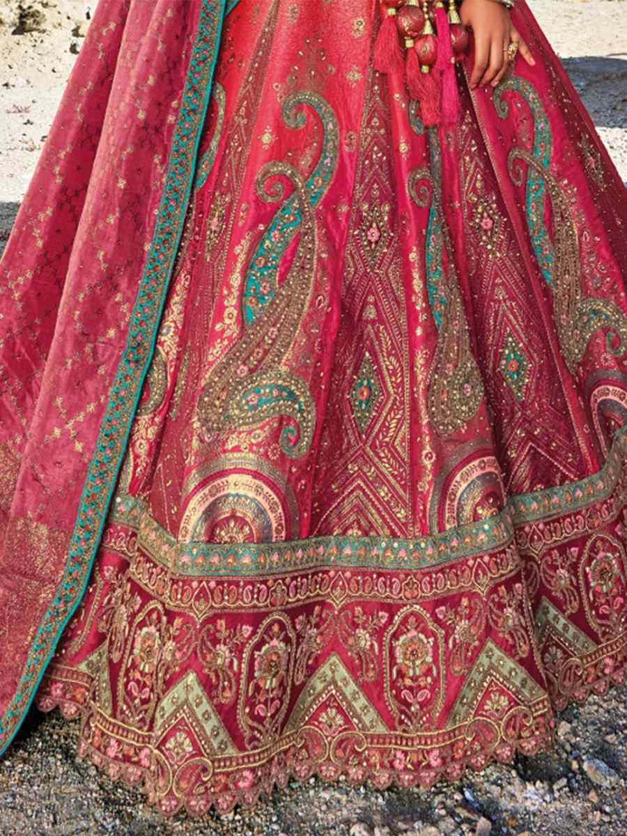 Burgundy Red Banarasi Silk Embroidered Bridal Wedding Heavy Border Lehenga Choli
