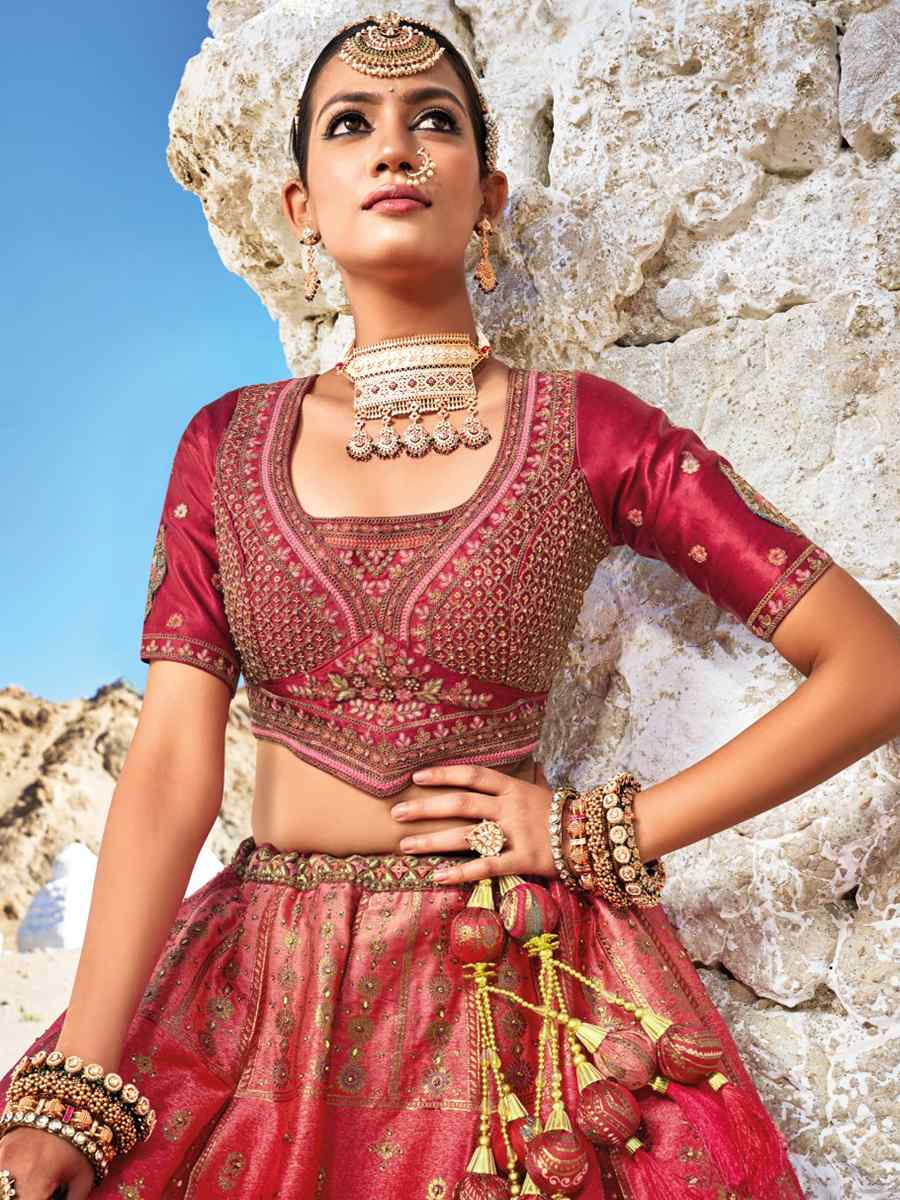 Burgundy Red Banarasi Silk Embroidered Bridal Wedding Heavy Border Lehenga Choli