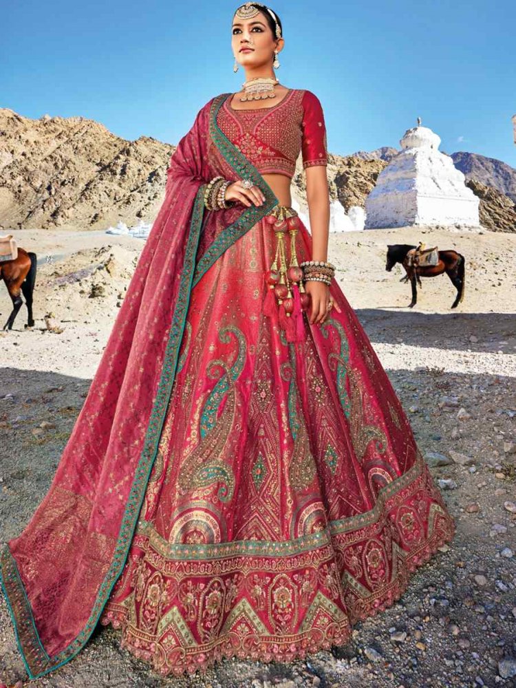 Burgundy Red Banarasi Silk Embroidered Bridal Wedding Heavy Border Lehenga Choli
