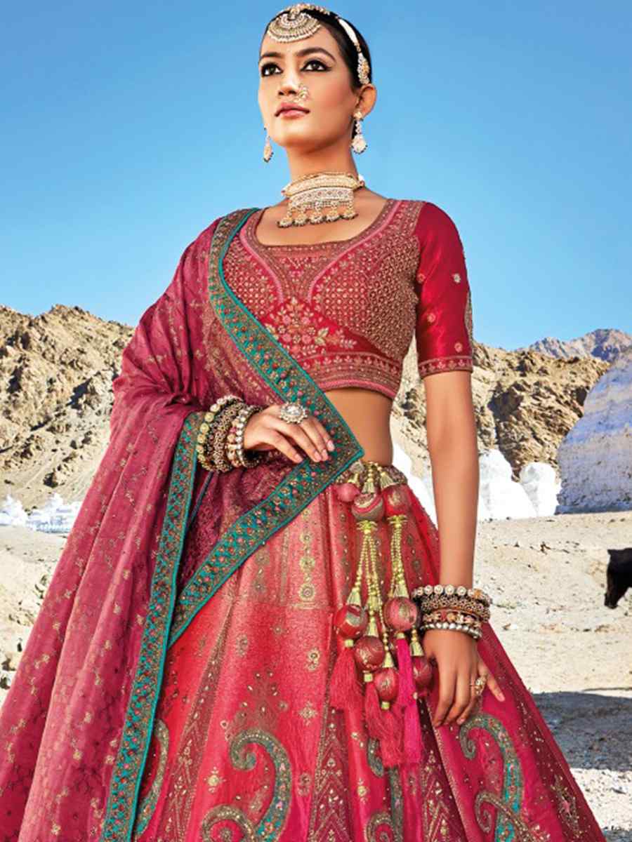 Burgundy Red Banarasi Silk Embroidered Bridal Wedding Heavy Border Lehenga Choli