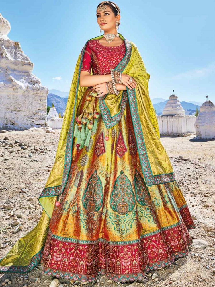 Multi Banarasi Silk Embroidered Bridal Wedding Heavy Border Lehenga Choli