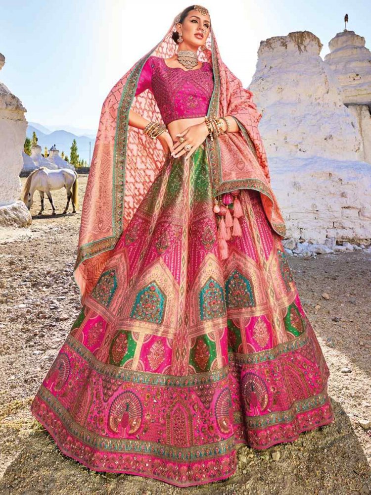 Multi Banarasi Silk Embroidered Bridal Wedding Heavy Border Lehenga Choli