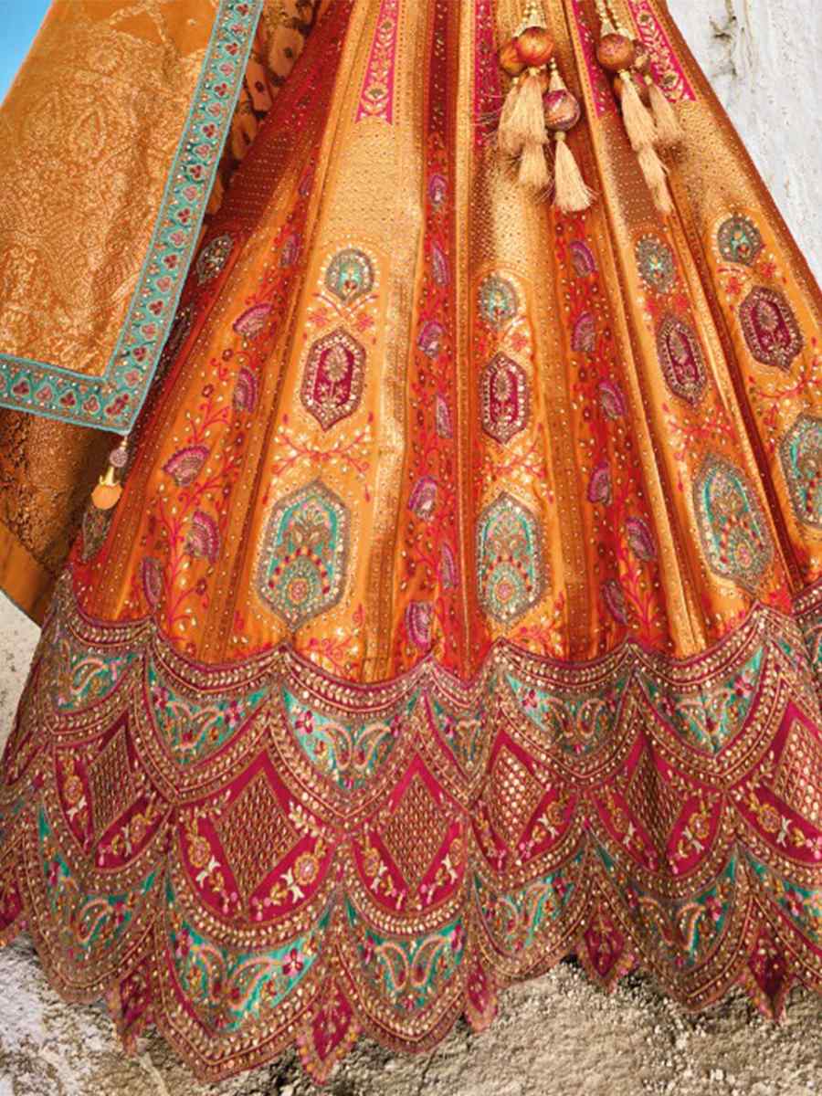 Orange Banarasi Silk Embroidered Bridal Wedding Heavy Border Lehenga Choli