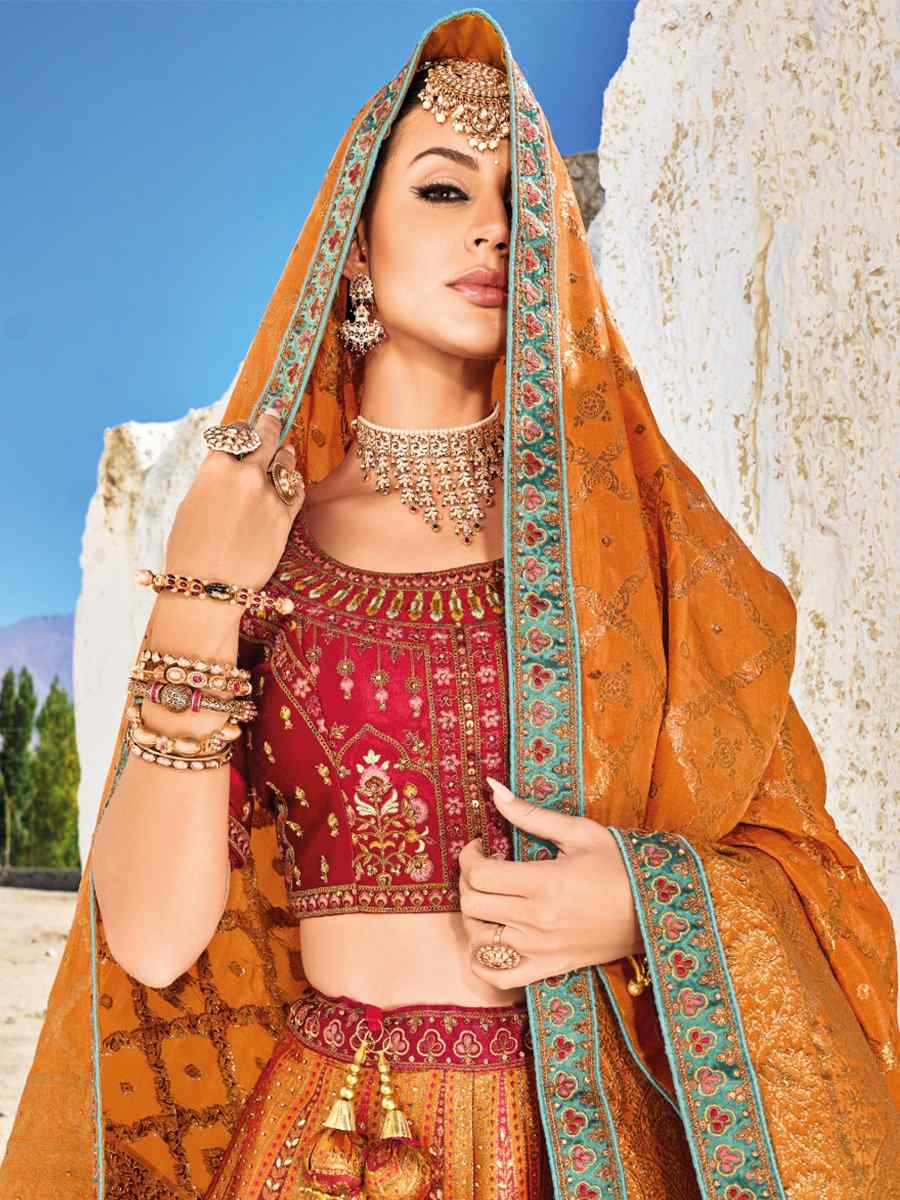 Orange Banarasi Silk Embroidered Bridal Wedding Heavy Border Lehenga Choli