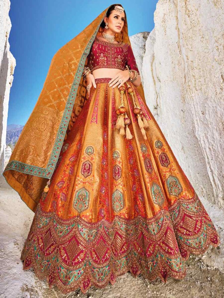 Orange Banarasi Silk Embroidered Bridal Wedding Heavy Border Lehenga Choli