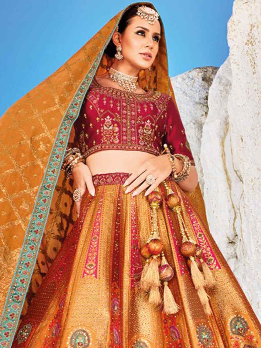 Orange Banarasi Silk Embroidered Bridal Wedding Heavy Border Lehenga Choli