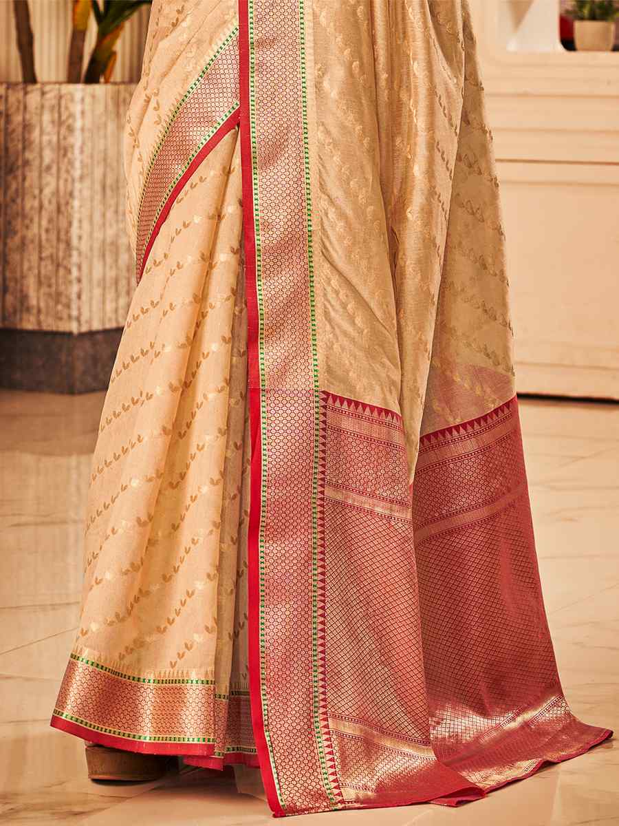 Beige Banarasi Silk Handwoven Wedding Festival Heavy Border Saree