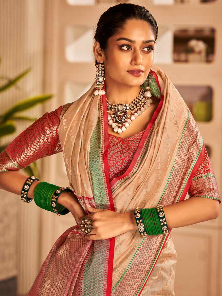 Beige Banarasi Silk Handwoven Wedding Festival Heavy Border Saree