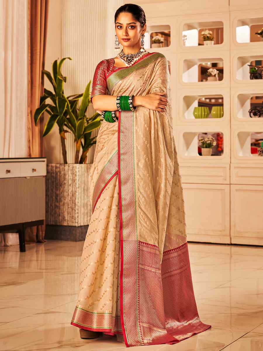 Beige Banarasi Silk Handwoven Wedding Festival Heavy Border Saree