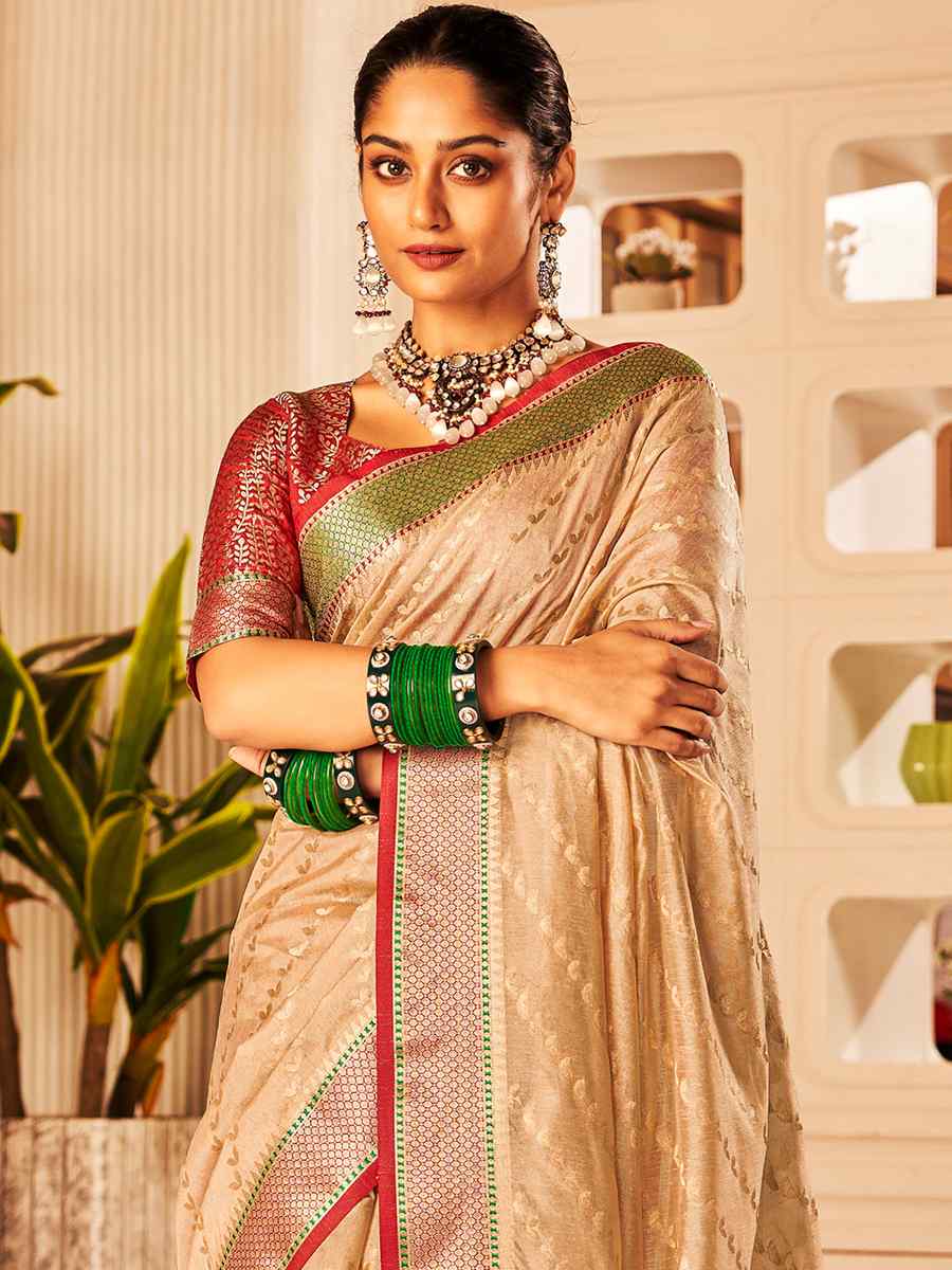Beige Banarasi Silk Handwoven Wedding Festival Heavy Border Saree