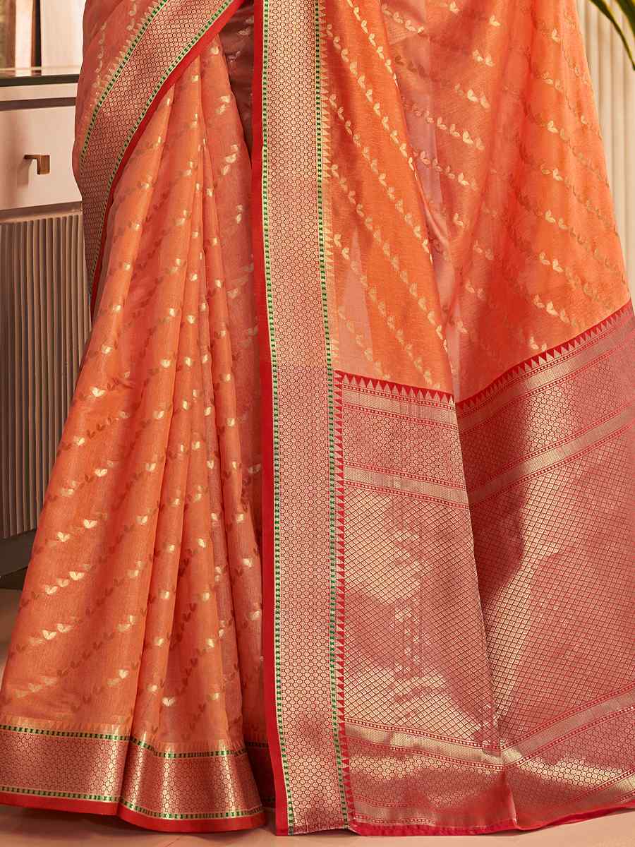 Orange Banarasi Silk Handwoven Wedding Festival Heavy Border Saree