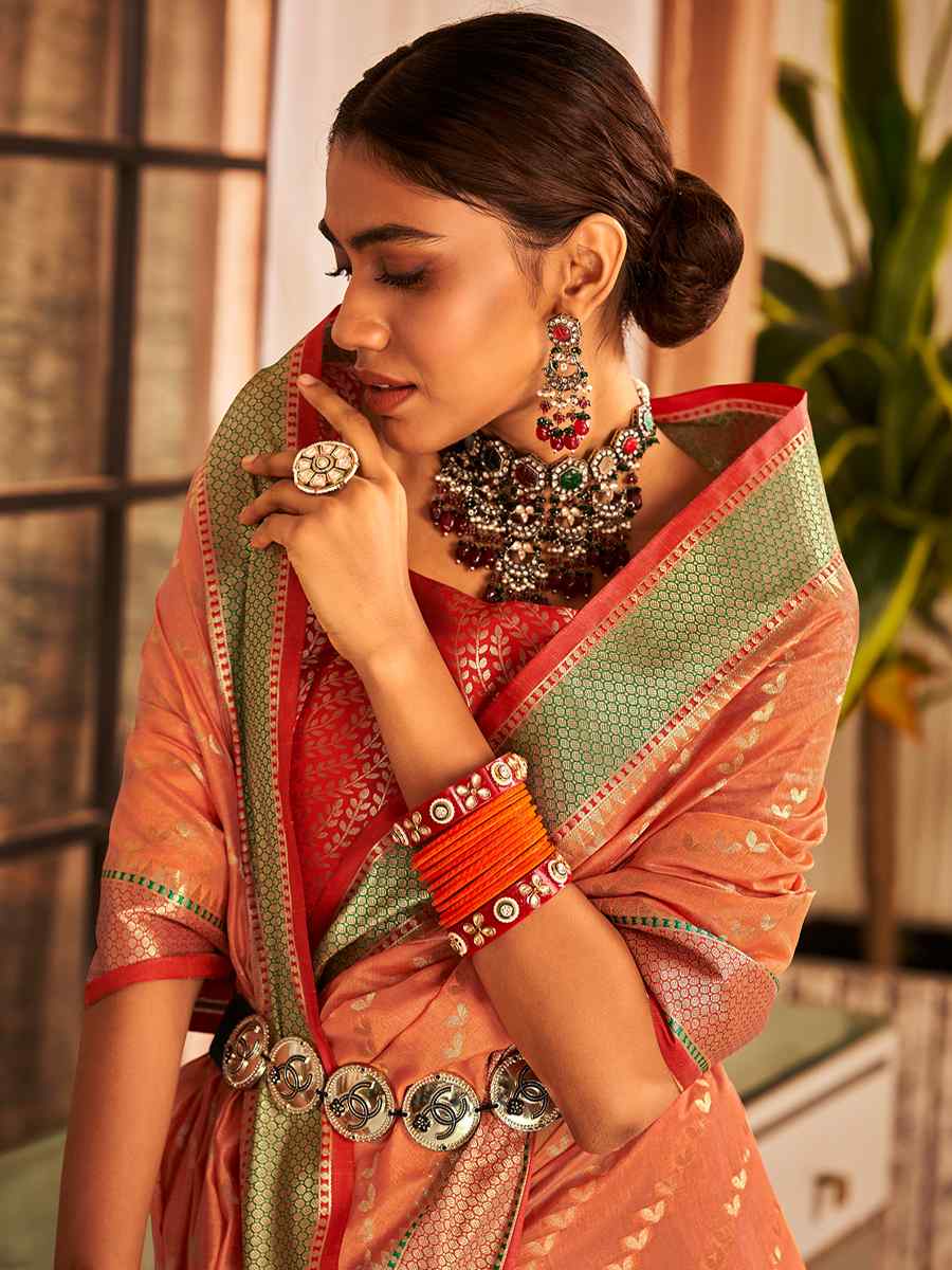 Orange Banarasi Silk Handwoven Wedding Festival Heavy Border Saree