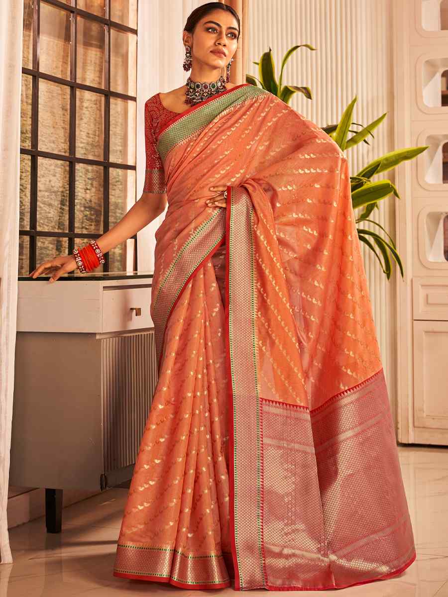 Orange Banarasi Silk Handwoven Wedding Festival Heavy Border Saree