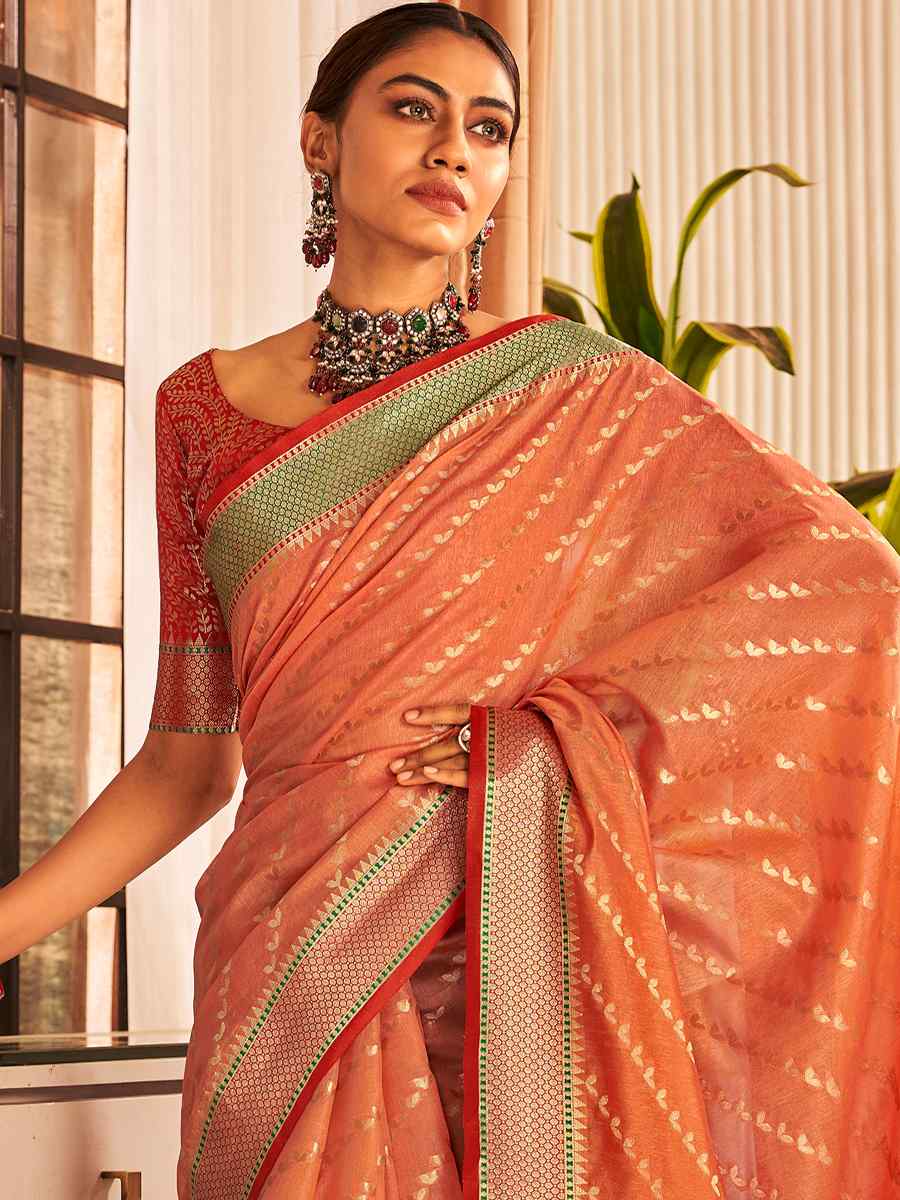 Orange Banarasi Silk Handwoven Wedding Festival Heavy Border Saree