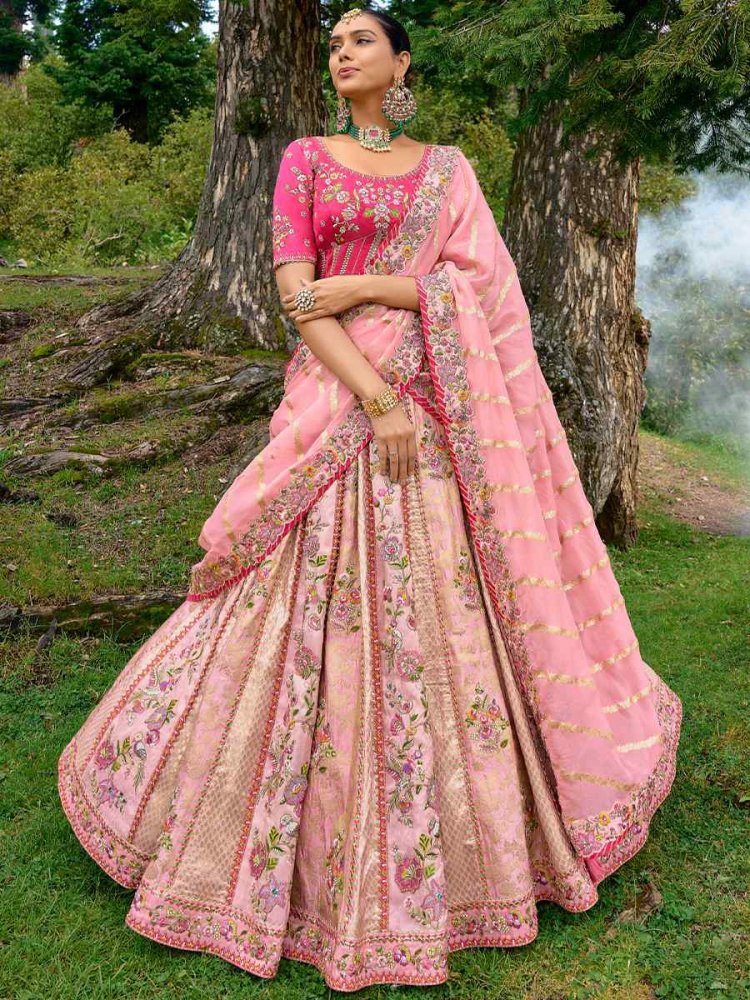 Peach Pure Raw Silk Embroidered Bridal Wedding Heavy Border Lehenga Choli