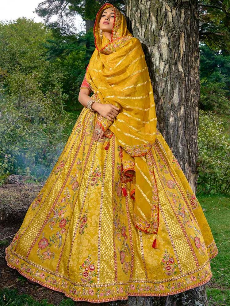 Yellow Pure Raw Silk Embroidered Bridal Wedding Heavy Border Lehenga Choli
