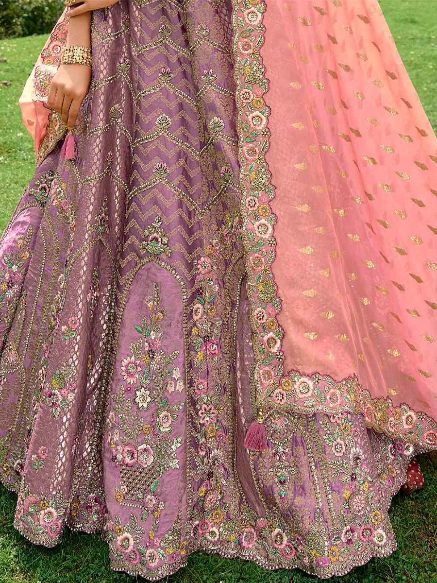 Lavender Pure Raw Silk Embroidered Bridal Wedding Heavy Border Lehenga Choli