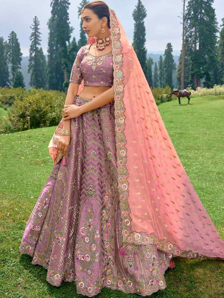Lavender Pure Raw Silk Embroidered Bridal Wedding Heavy Border Lehenga Choli