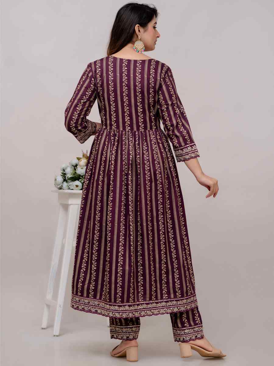 Purple Rayon Cotton Embroidered Festival Casual Ready Anarkali Salwar Kameez