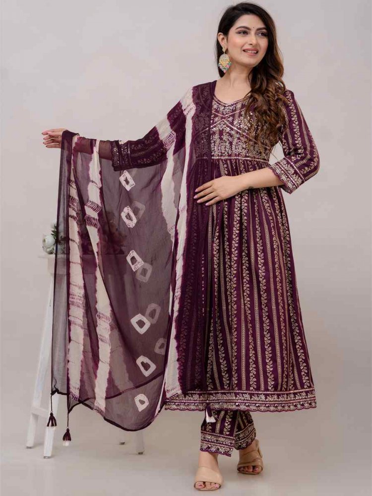 Purple Rayon Cotton Embroidered Festival Casual Ready Anarkali Salwar Kameez