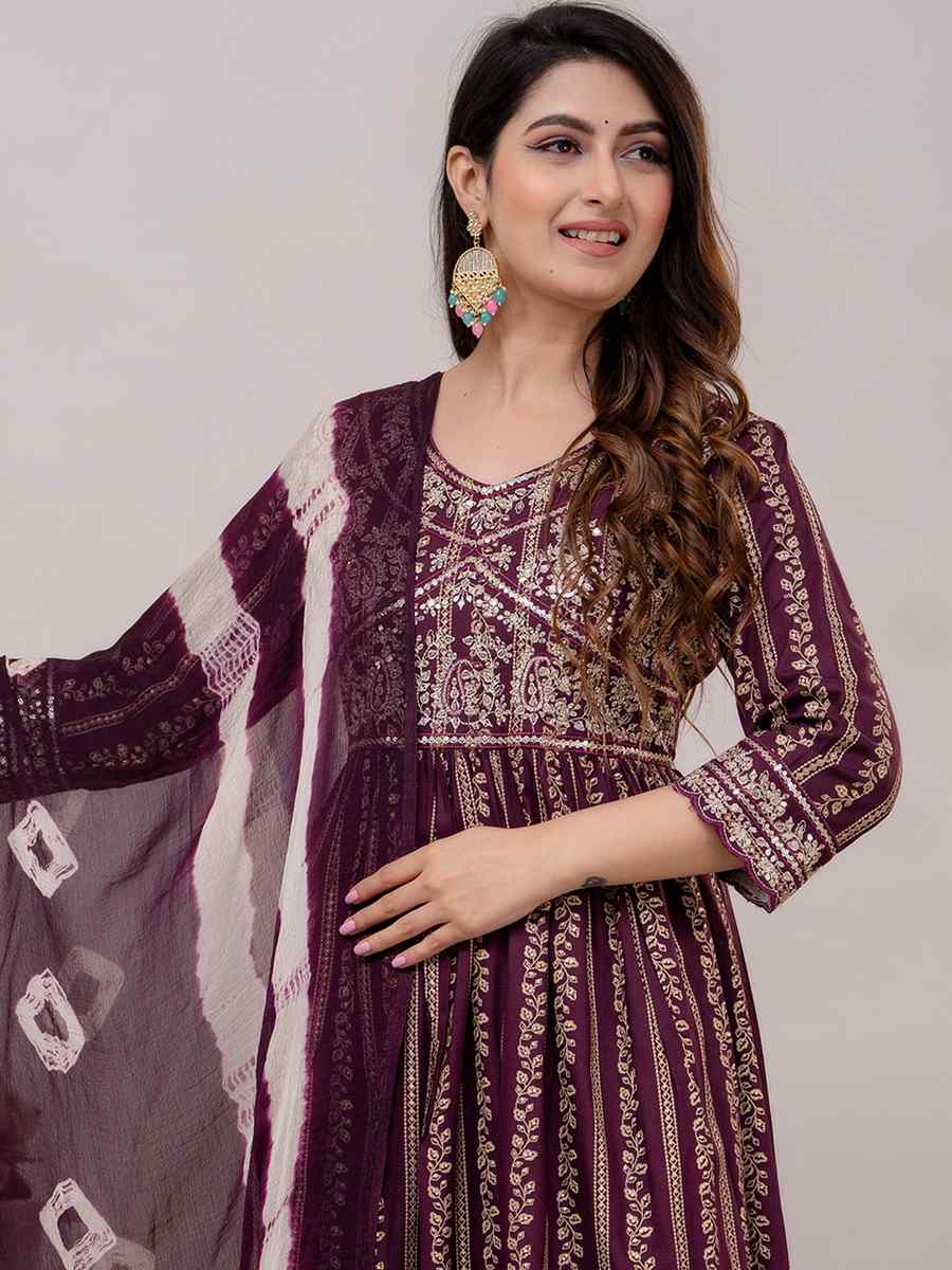 Purple Rayon Cotton Embroidered Festival Casual Ready Anarkali Salwar Kameez