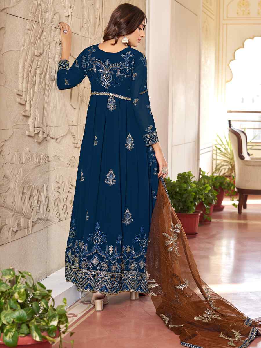 Navy Blue Faux Georgette Embroidered Festival Wedding Anarkali Salwar Kameez