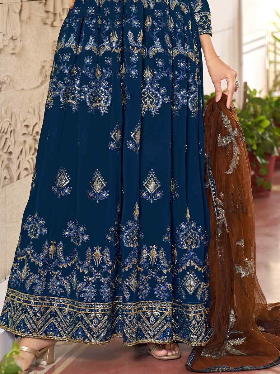 Navy Blue Faux Georgette Embroidered Festival Wedding Anarkali Salwar Kameez
