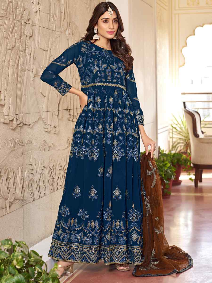 Navy Blue Faux Georgette Embroidered Festival Wedding Anarkali Salwar Kameez