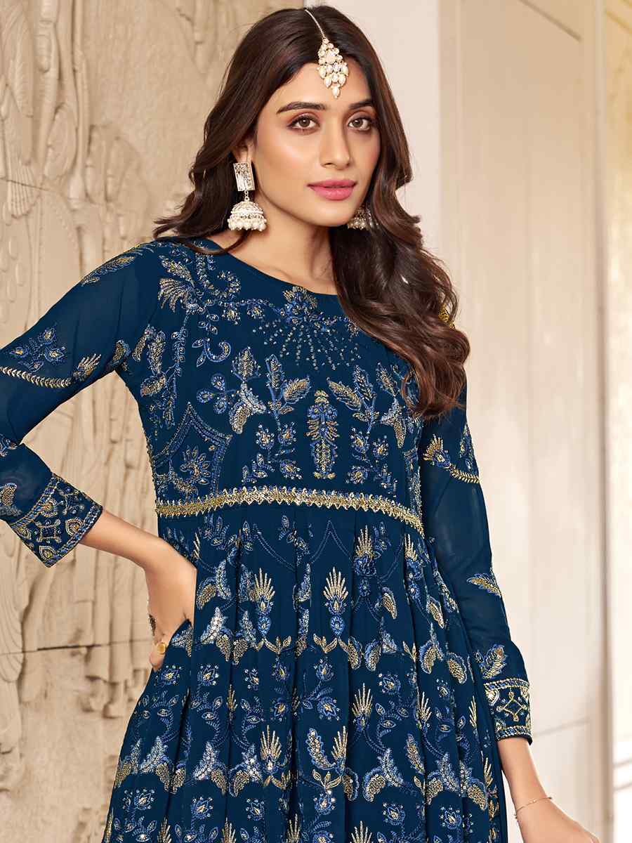 Navy Blue Faux Georgette Embroidered Festival Wedding Anarkali Salwar Kameez